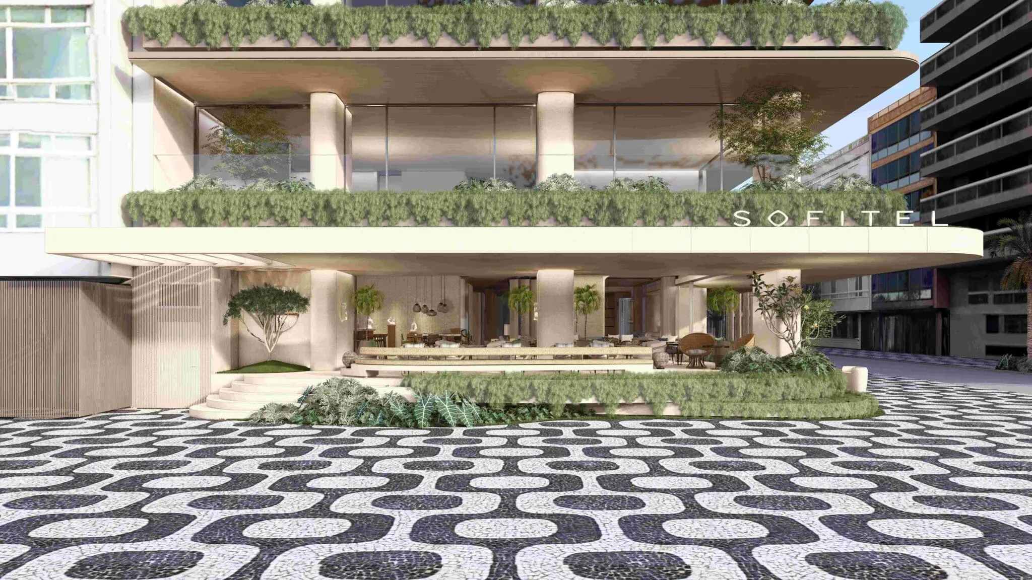 Perspectiva da fachada do Sofitel Rio de Janeiro Ipanema, na Avenida Vieira Souto, no Rio de Janeiro (Crédito: Divulgação)