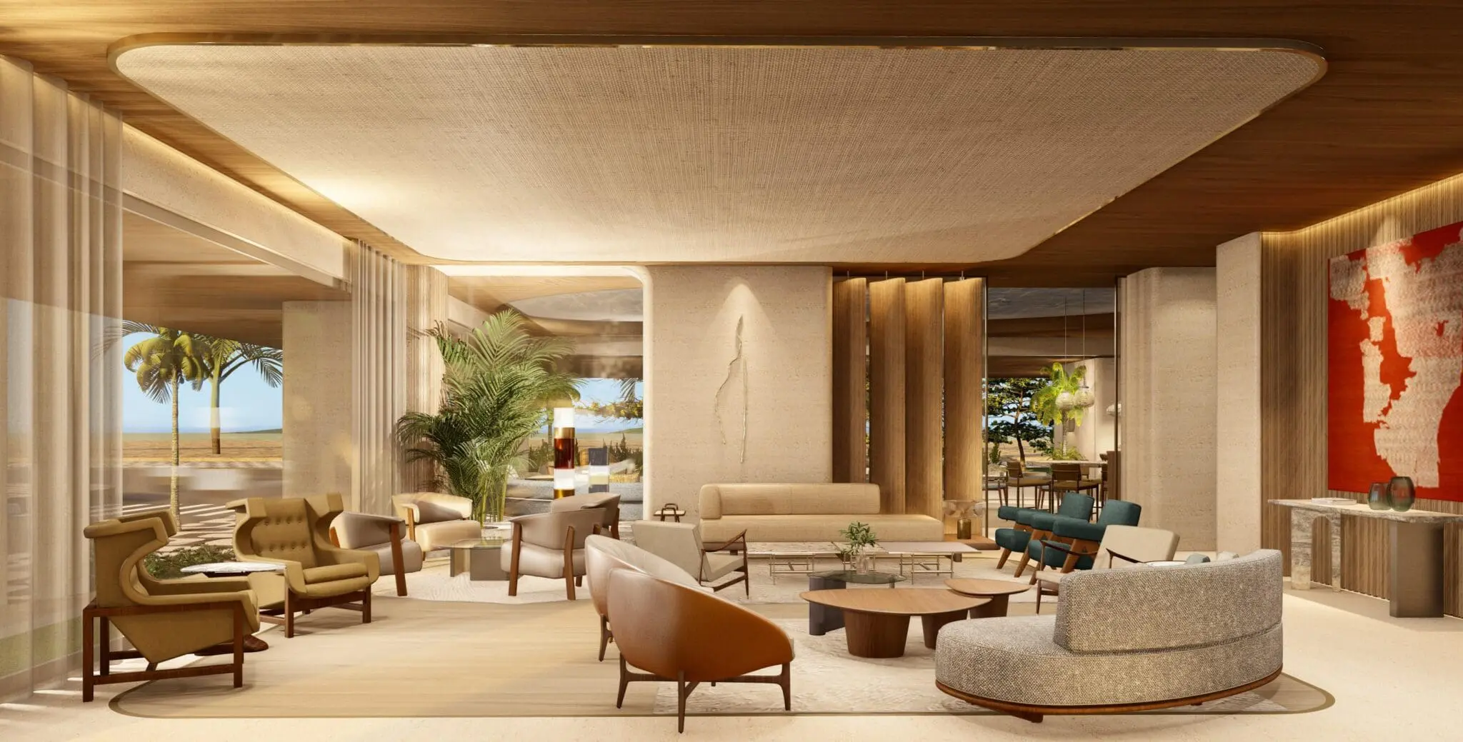 Lobby do Sofitel Rio de Janeiro Ipanema combina materiais naturais e referências à paisagem carioca (Crédito: Divulgação)