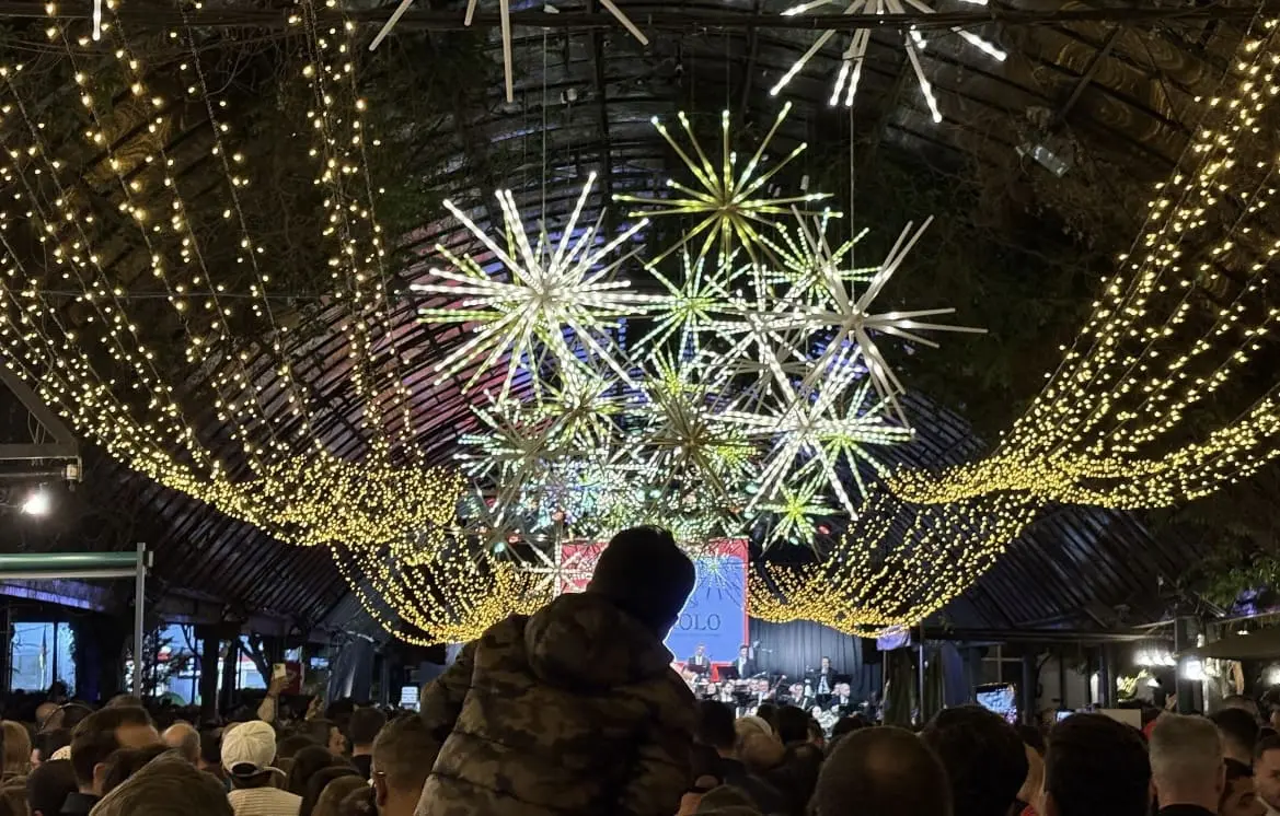Público acompanha apresentação musical sob a decoração iluminada da Rua Coberta, em Gramado. Foto: Divulgação