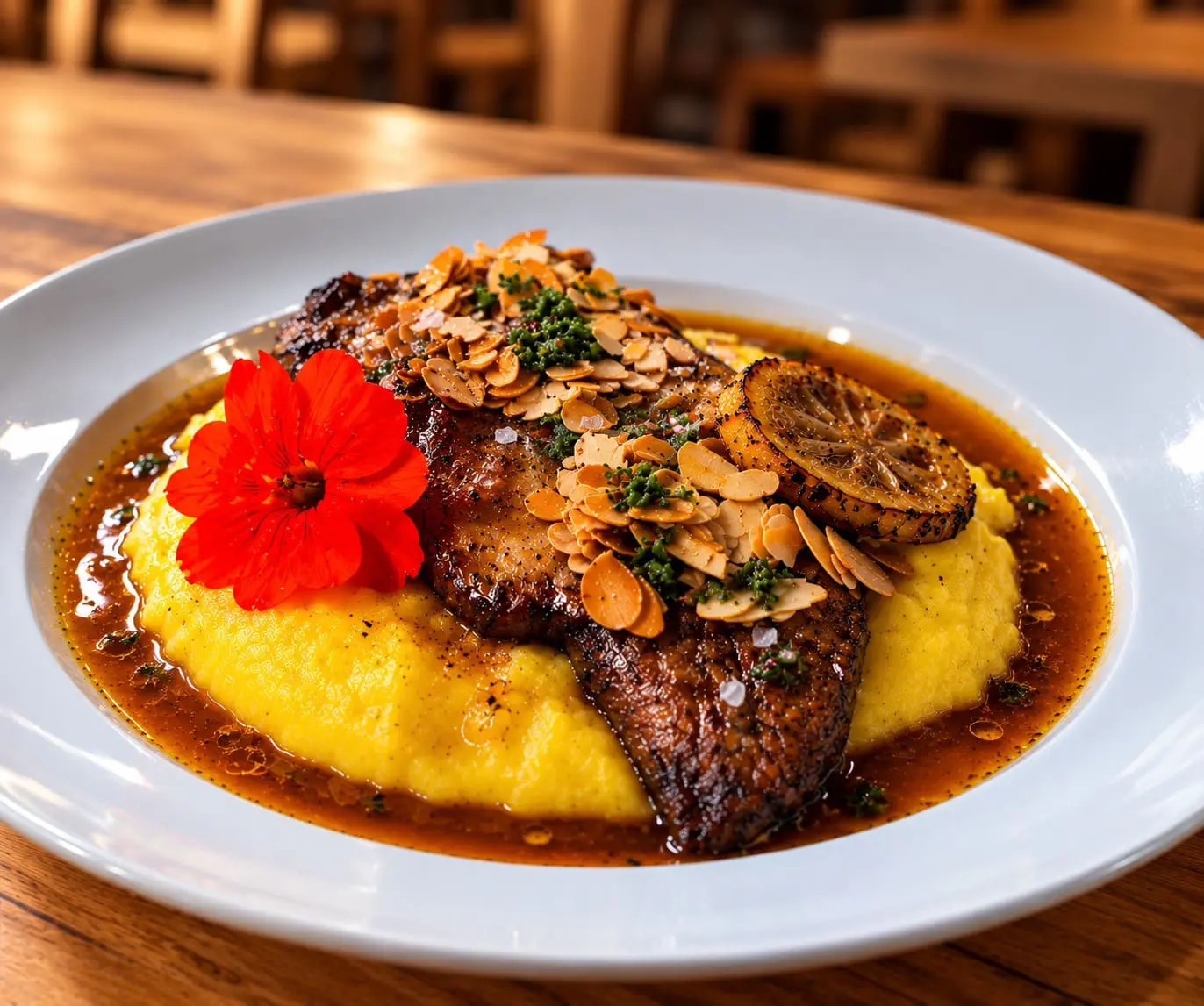 Prato com peixe, amêndoas e acompanhamento cremoso destaca a criatividade gastronômica do Festival da Truta de Piracaia (Crédito: Divulgação)