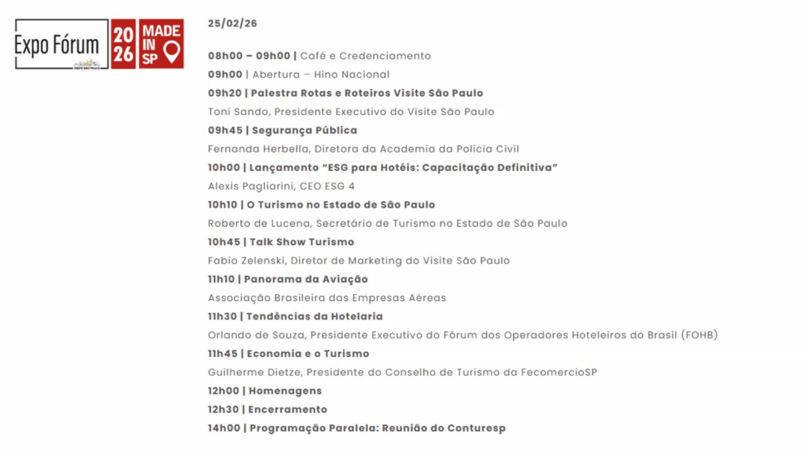 Programação do 11º Expo Fórum Visite São Paulo – 2026 - Crédito: divulgação 
