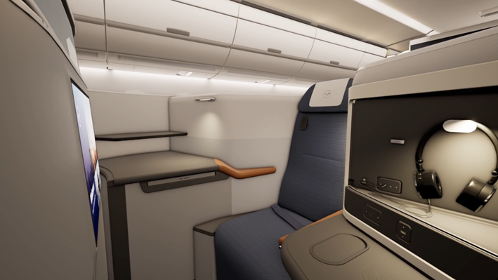 A cabine Lufthansa Allegris oferece novas opções de assentos, mais privacidade e camas com mais de dois metros de comprimento na Classe Executiva. Crédito: Divulgação/Lufthansa