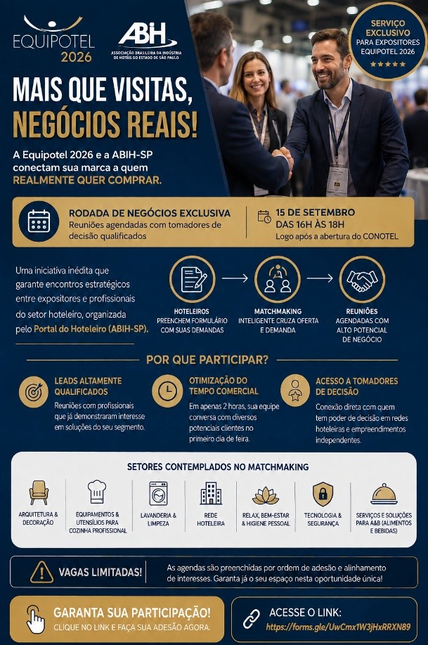 ABIH-SP e Equipotel 2026 anunciam parceria inédita para rodada de negócios exclusiva durante a feira - Crédito: divulgação