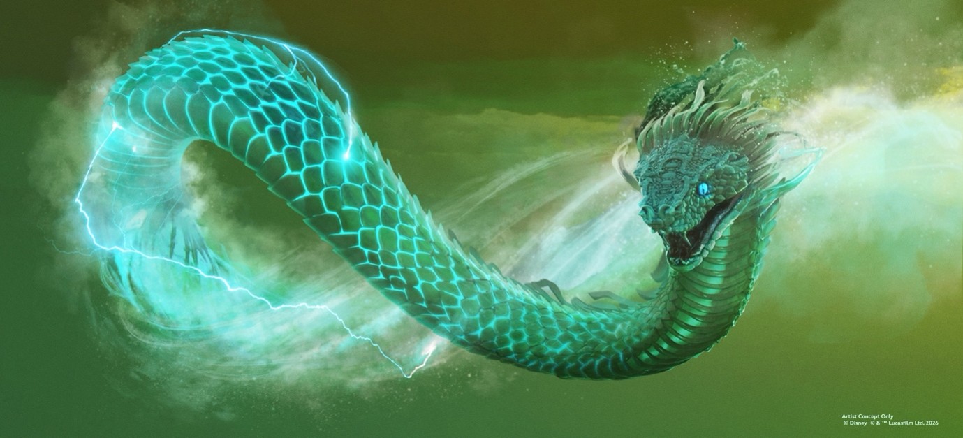 Arte conceitual do Tsukán, a criatura mítica em forma de serpente que os visitantes encontrarão na nova atração Indiana Jones and the Myth of the Jade Serpent, no Disney's Animal Kingdom - Crédito: divulgação