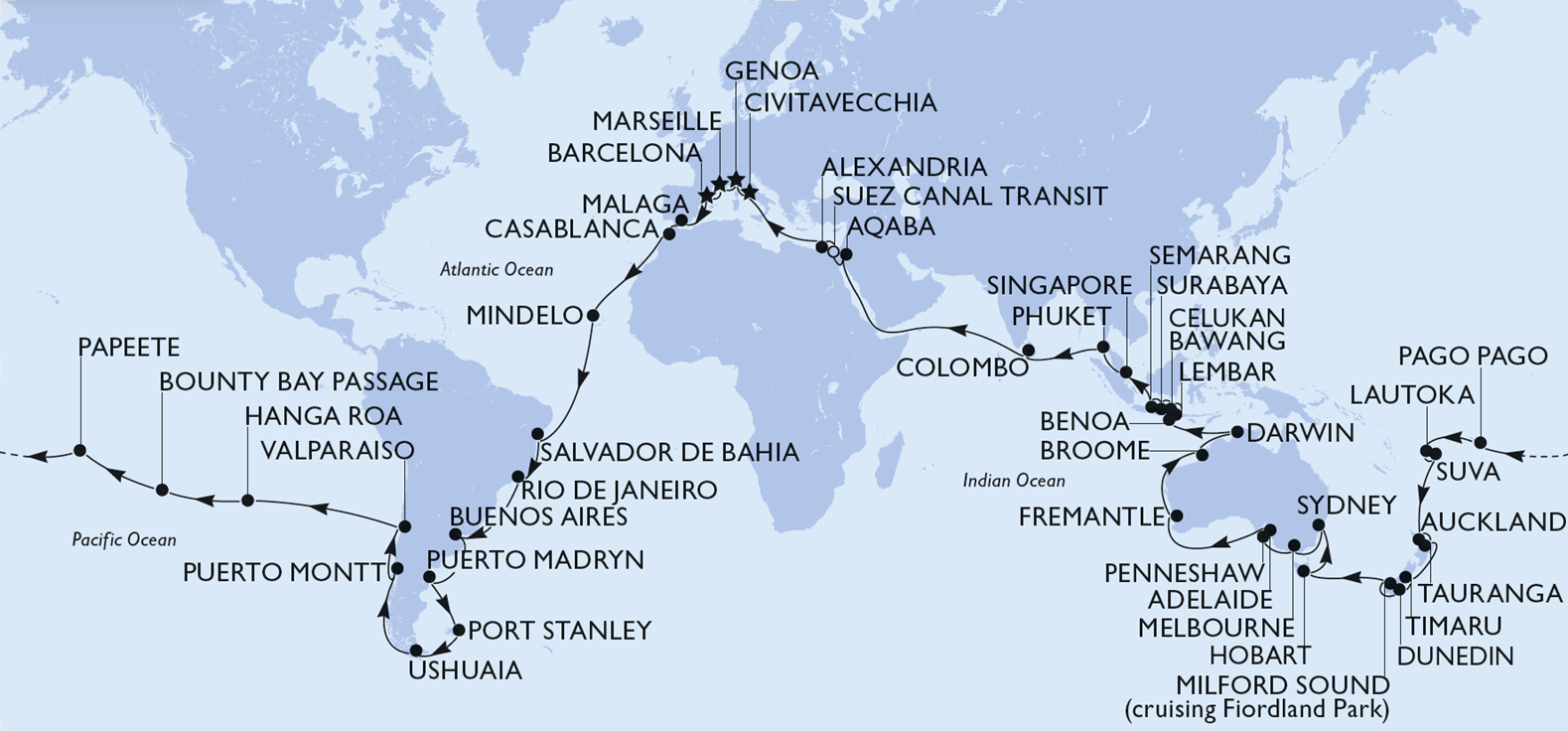 Roteiro do MSC World Cruise 2029 a bordo do MSC Magnifica - Crédito: divulgação