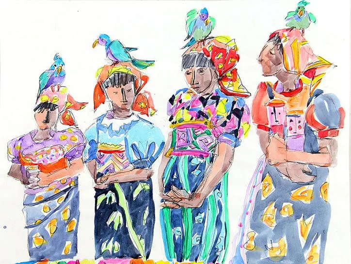 Viagens pelo mundo: aquarela retratam as meninas da etnia Kuna (crédito: Silvia Reali Servadei)