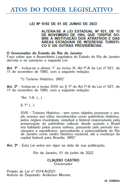 Publicação da Lei 9.702/22 na edição extra do Diário Oficial de quinta-feira, 02. A lei foi sancionada pelo governador Cláudio Castro.