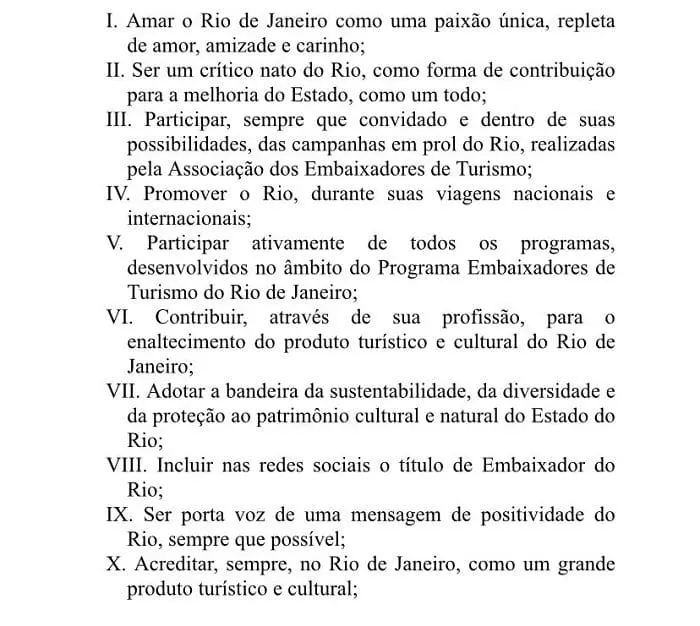Mandamentos dos Embaixadores do Turismo do RJ
