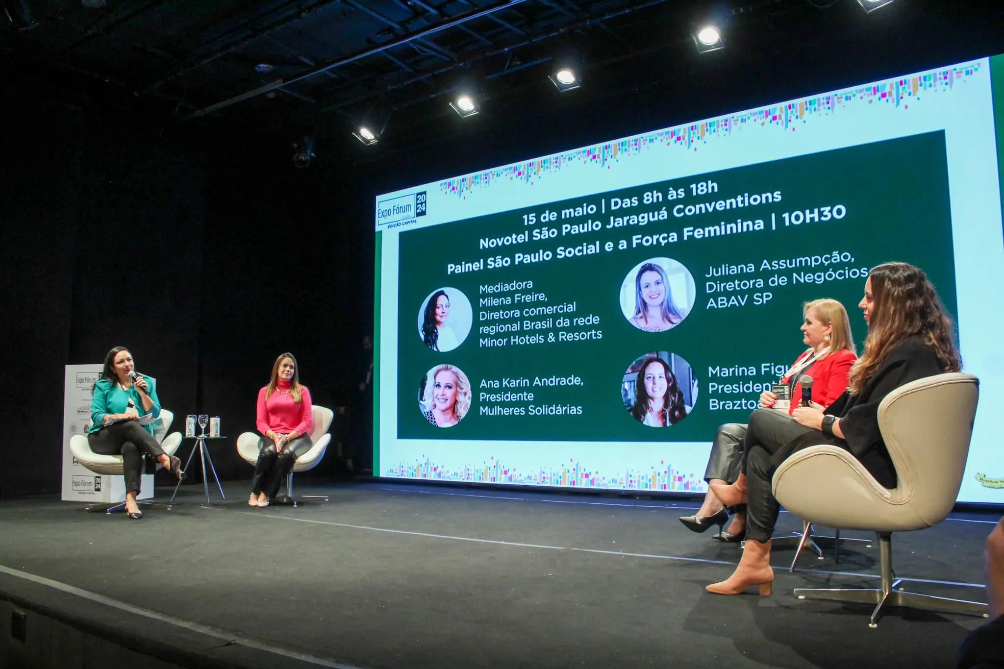 Da esquerda para a direita, Milena Freire diretora comercial regional Brasil da rede Menor Hotes & Resorts, Juliana Assumpção diretora de negócios da ABAV SP, Ana Karin Andrade Presidente Mulheres Solidárias e Marina Figueiredo presidente executiva Braztoa.