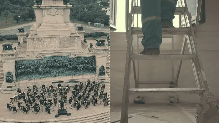Músicos do Brasil Jazz Sinfônica e trabalhadores da reforma do Museu do Ipiranga compõem a releitura do Hino da Independência.