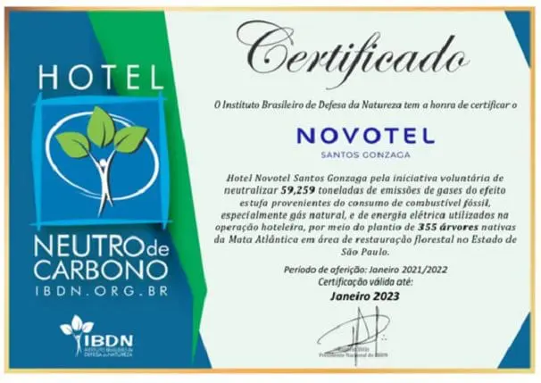 O Novotel Santos Gonzaga recebeu o certificado de Hotel Neutro de Carbono.