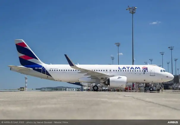 Foto lateral do avião da LATAM modelo A320, estacionado no aeroporto.