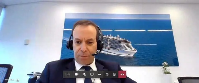Foto de Adrian Ursili, diretor-geral da MSC Cruzeiros no Brasil, em coletova de imprensa sobre o MSC Preziosa na temporada 2022/2023 na América do Sul.