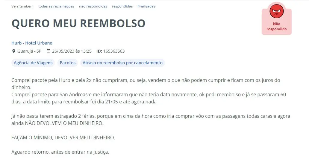 Reclamções da Hurb no Reclame Aqui