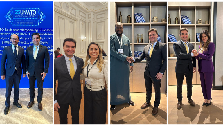 Ministro do Turismo lidera missão brasileira no Uzbequistão: colagem com as fotos dos encontros entre o ministro do Turismo, Celso Sabino, e autoridades do turismo de outros países