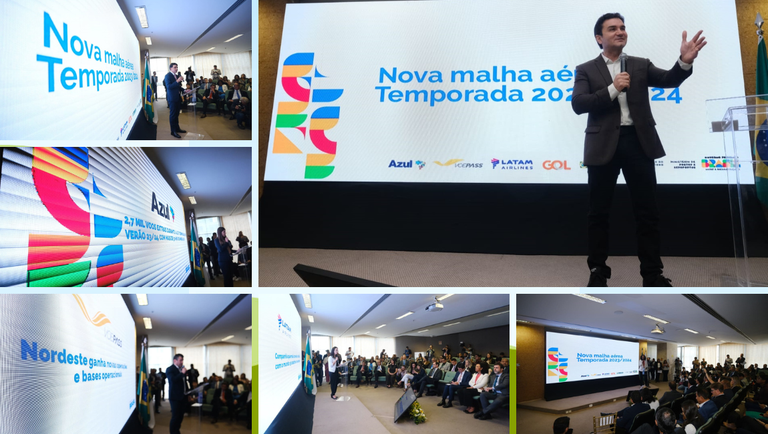 Mtur e empresas aéreas apresentam novos voos para a alta temporada no Brasil: mosaico, com as fotos da apresentação e participantes