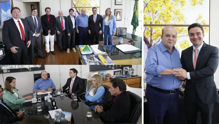 Salão Nacional do Turismo: colagem de 3 fotos que mostra a reunião do ministro do Turismo, Celso Sabino, com outras autoridades, e á esquerda, foto do governador do DF, Ibaneis Rocha, com Celso Sabino