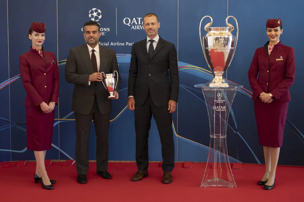 Aleksander Ceferin President of the UEFA and Badr Mohammed Al-Meer Qatar Airways Group Chief Executive Officer Pose during the UEFA & Qatar Airways Sponsorship Signature on September 19, 2024 in Cannes, France. (Photo by Diego Puletto - UEFA via Getty Images)