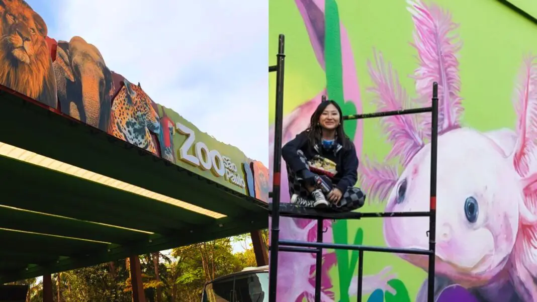 Nova fachada do Zoológico de São Paulo; ao lado, Carol Wang, artista plástica, à frente da pintura que fez na casa dos Axalotes (Fotos: Divulgação Zoo / Reprodução Instagram)