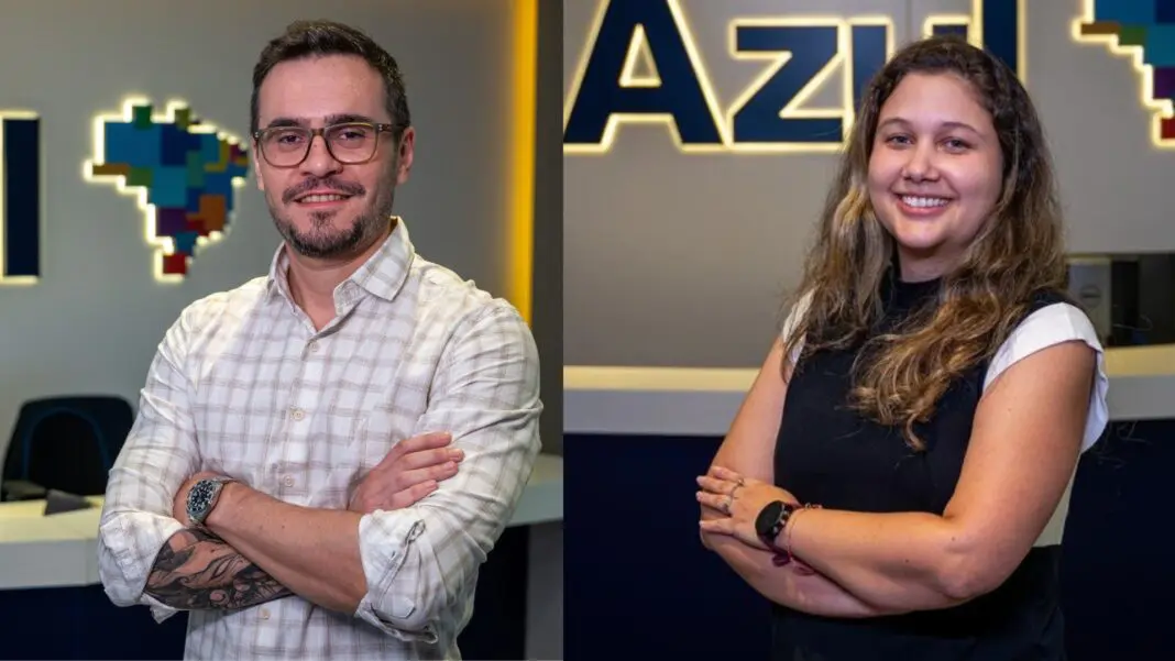 Phelipe Toledo, novo gerente de Contratação e Desenvolvimento de Parceiros e Destinos Internacionais da Azul Viagens e Fabia Gomes, nova coordenadora de Desenvolvimento de Parcerias e Destinos (Brasil, exceto Nordeste) da Azul Viagens - Foto: divulgação Azul