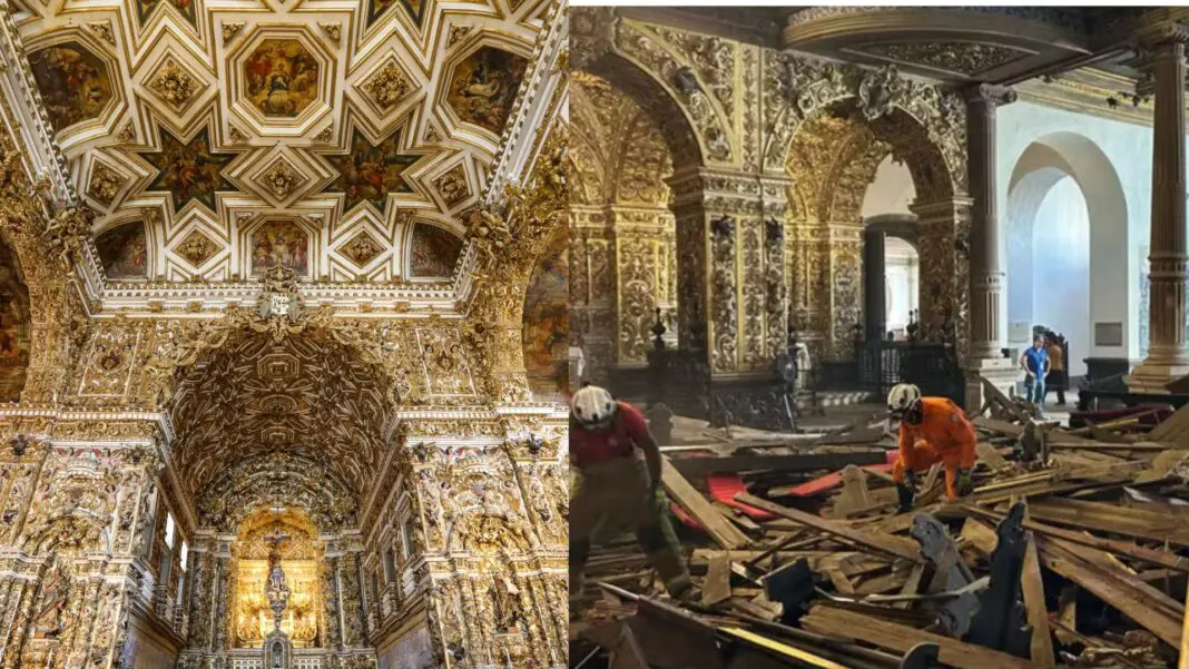 Igreja de São Francisco em Salvador; ao lado, após o teto desabar Igreja de São Francisco em Salvador; ao lado, após o teto desabar