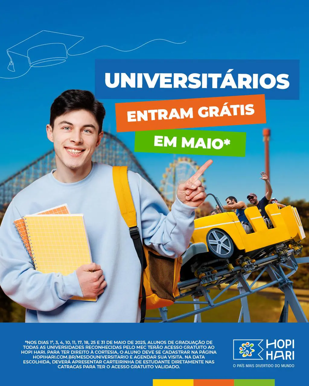 Universitários terão entrada gratuita no Hopi Hari em datas selecionadas de maio - crédito: divulgação