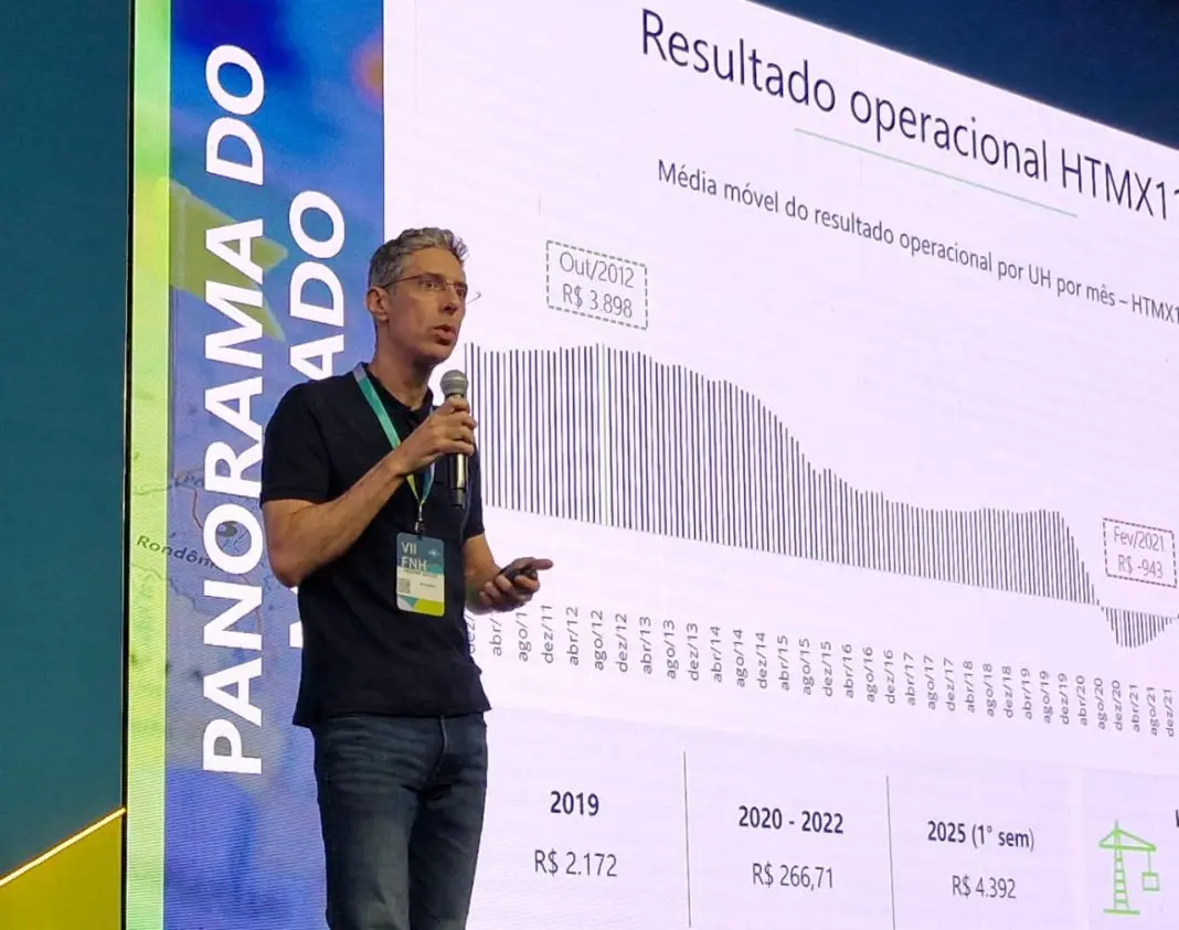 Cristiano Vasques, da HotelInvest, apresenta o Panorama da Hotelaria durante o VII Fórum Nacional da Hotelaria (FNH) – Crédito: Bruno Almeida / DT