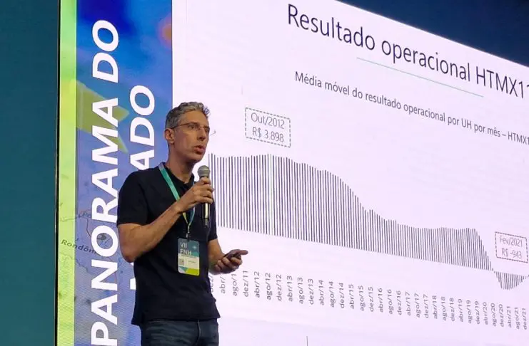 Cristiano Vasques, da HotelInvest, apresenta o Panorama da Hotelaria durante o VII Fórum Nacional da Hotelaria (FNH) – Crédito: Bruno Almeida / DT