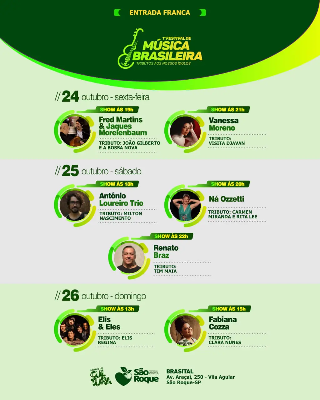 Programação oficial do 1º Festival de Música Brasileira, com tributos a grandes ícones da música nacional, na Brasital, em São Roque - Crédito: Divulgação