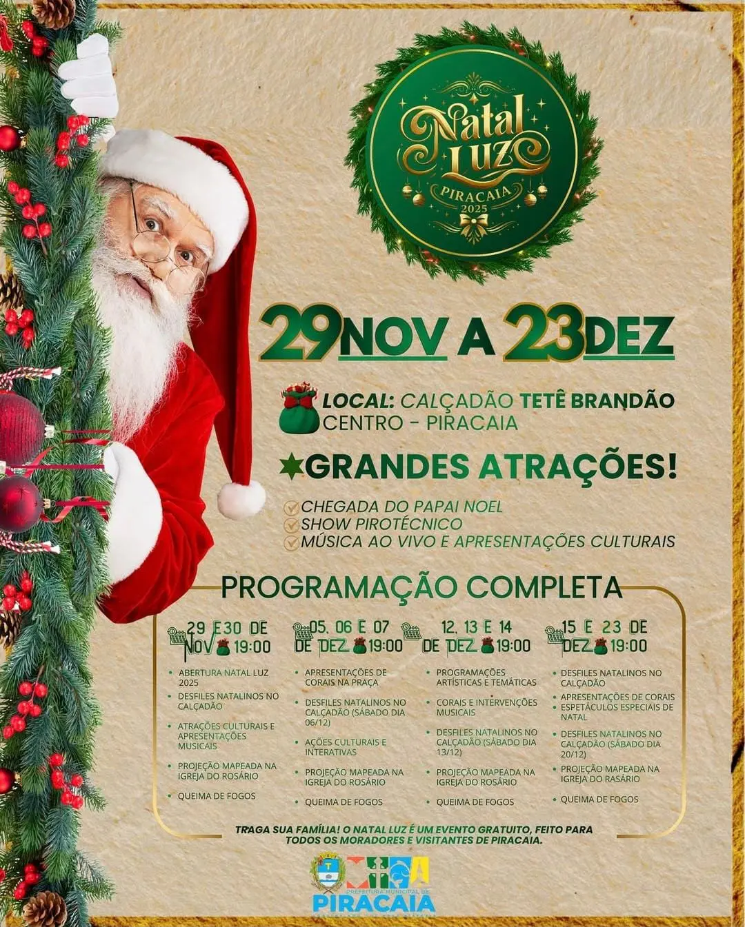 Programação do Natal Luz de Piracaia 2025 - Crédito: divulgação