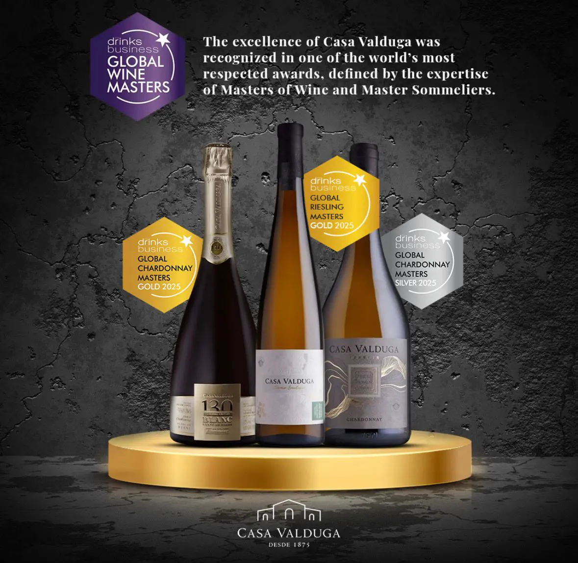 Portfólio premiado (espumante, Riesling e Chardonnay). Crédito: Divulgação