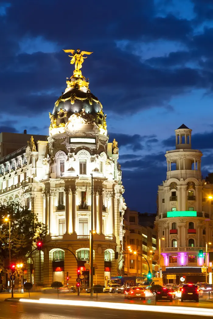 The Crossing Calle de Alcala and Gran Via in night Madri