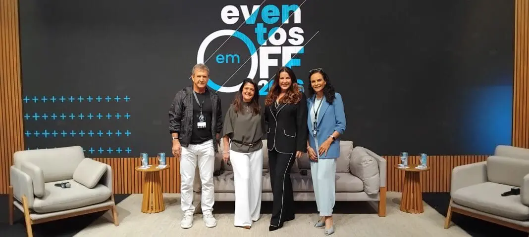 Dody Sirena, Monique Henriques, Christiane Pelajo e Rosina Cammarota durante painel do Eventos em Off 2026 sobre o papel dos eventos na estratégia das empresas. - Crédito: Denis Rugeri
