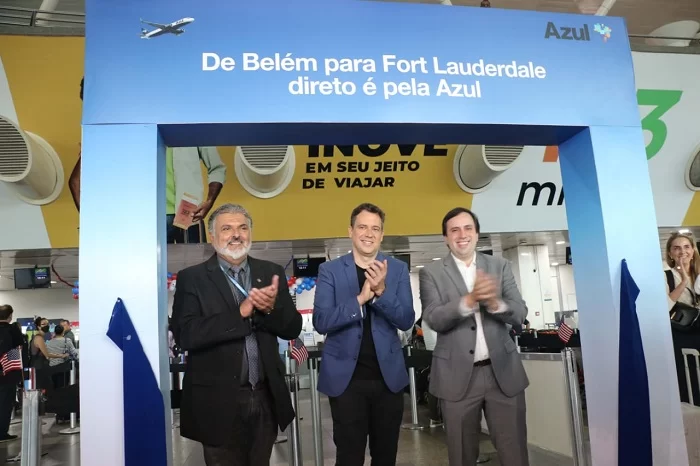 Odone Bizz, superintendente da Infraero, César Grandolfo e André Dias, secretário de turismo do Pará no evento em que a Azul reinicia a operação Belém-Forte Laurderdale