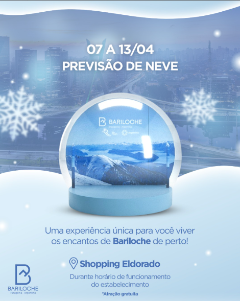 A Emprotur Bariloche vai levar um globo de neve gigante ao Shopping Eldorado que recria o cenário encantador de Bariloche, com direito a clima frio e muita diversão! - Crédito: Instagram Emprotur Bariloche