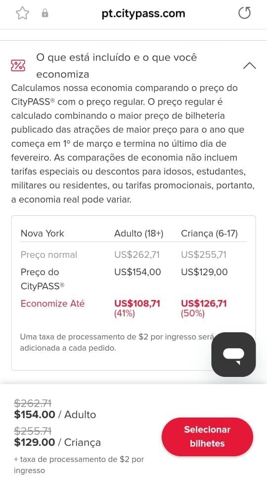 O site mostra quanto você pagaria nas cinco atrações separadamente, o valor no CityPass e o valor final, do CityPass com desconto aplicado - Foto: Caroline Figueiredo - Reprodução Site CityPass