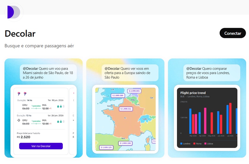 Decolar lança aplicativo de viagens no ChatGPT, permitindo pesquisar destinos e planejar roteiros por meio de conversas com inteligência artificial. Crédito: Divulgação/Decolar