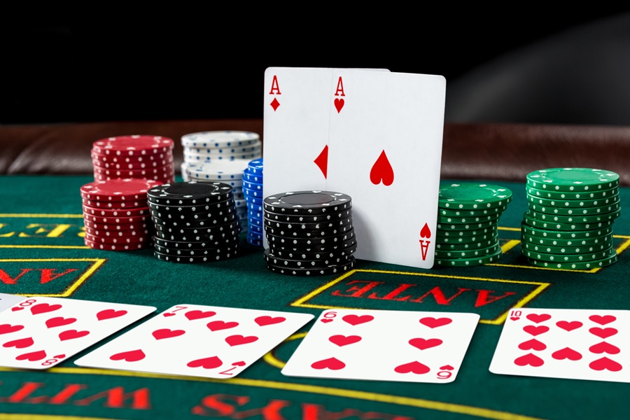Poker play. Chips and cards