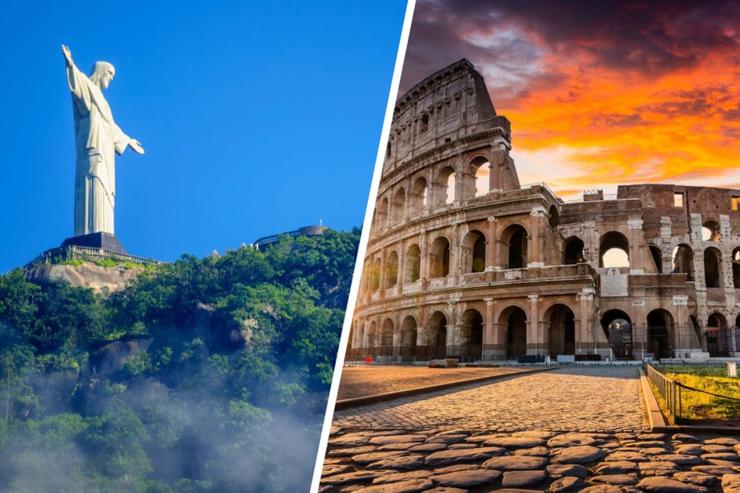 Cristo Redentor e Coliseu oficializaram um Acordo de Geminação em Roma, tornando-se monumentos irmãos e fortalecendo a cooperação entre Brasil e Itália nas áreas de turismo, cultura, educação e intercâmbio internacional. Crédito: Divulgação/Fecomércio RJ. Cristo Redentor e Coliseu oficializaram um Acordo de Geminação em Roma, tornando-se monumentos irmãos e fortalecendo a cooperação entre Brasil e Itália nas áreas de turismo, cultura, educação e intercâmbio internacional. Crédito: Divulgação/Fecomércio RJ.