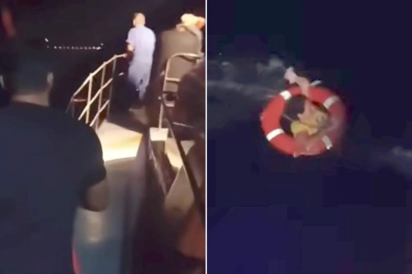 Tripulantes de um navio cargueiro avistam passageira que passou cerca de 20 horas à deriva no Mar Jônico, após saltar de cruzeiro da Royal Caribbean, na Grécia (Crédito: Hellenic Coastguard/YouTube)